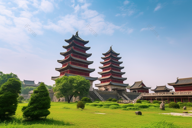 蓝天白云下亭台楼阁建筑旅游胜地摄影图,高清,摄影图,摄影图片,图片大全,摄影图免费下载